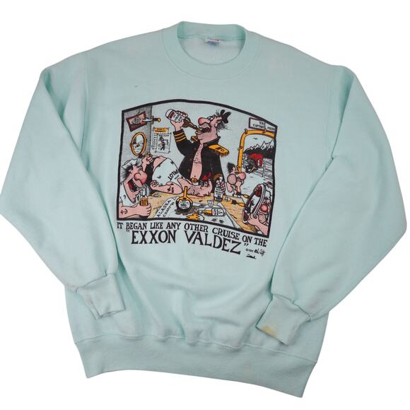 True Vintage Exxon Valdez Oil Spill Drunk Pirates Graphic Sweatshirt - Picture 1 of 12
